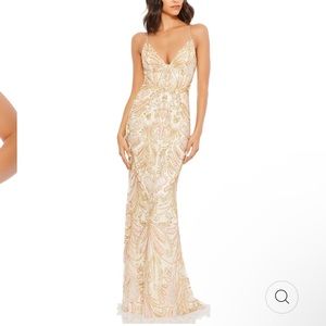 Mac Duggal Champagne Strappy Back Beaded Maxi Gown 2 Pink & Gold Beads Sequins